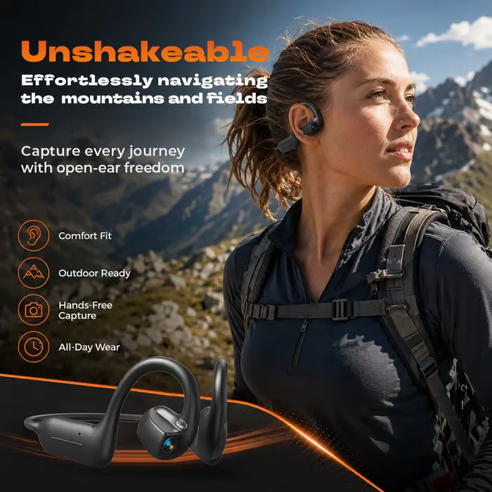 🔥8MP AI Camera Bone Conduction Headphones – Premium High-Fidelity Audio, EIS Video Stabilization, 160+ Language Translation, IP54 Waterproof Headset for Outdoor Vlogging & Sports.