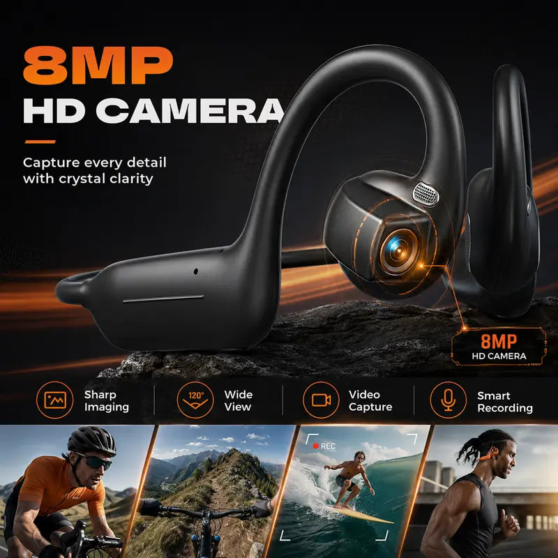 🔥8MP AI Camera Bone Conduction Headphones – Premium High-Fidelity Audio, EIS Video Stabilization, 160+ Language Translation, IP54 Waterproof Headset for Outdoor Vlogging & Sports.